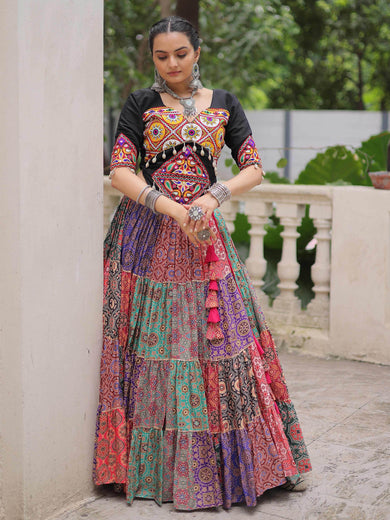 Dazzling Multi-Color Cotton Digital Printed Navratri Crop Top Lehenga